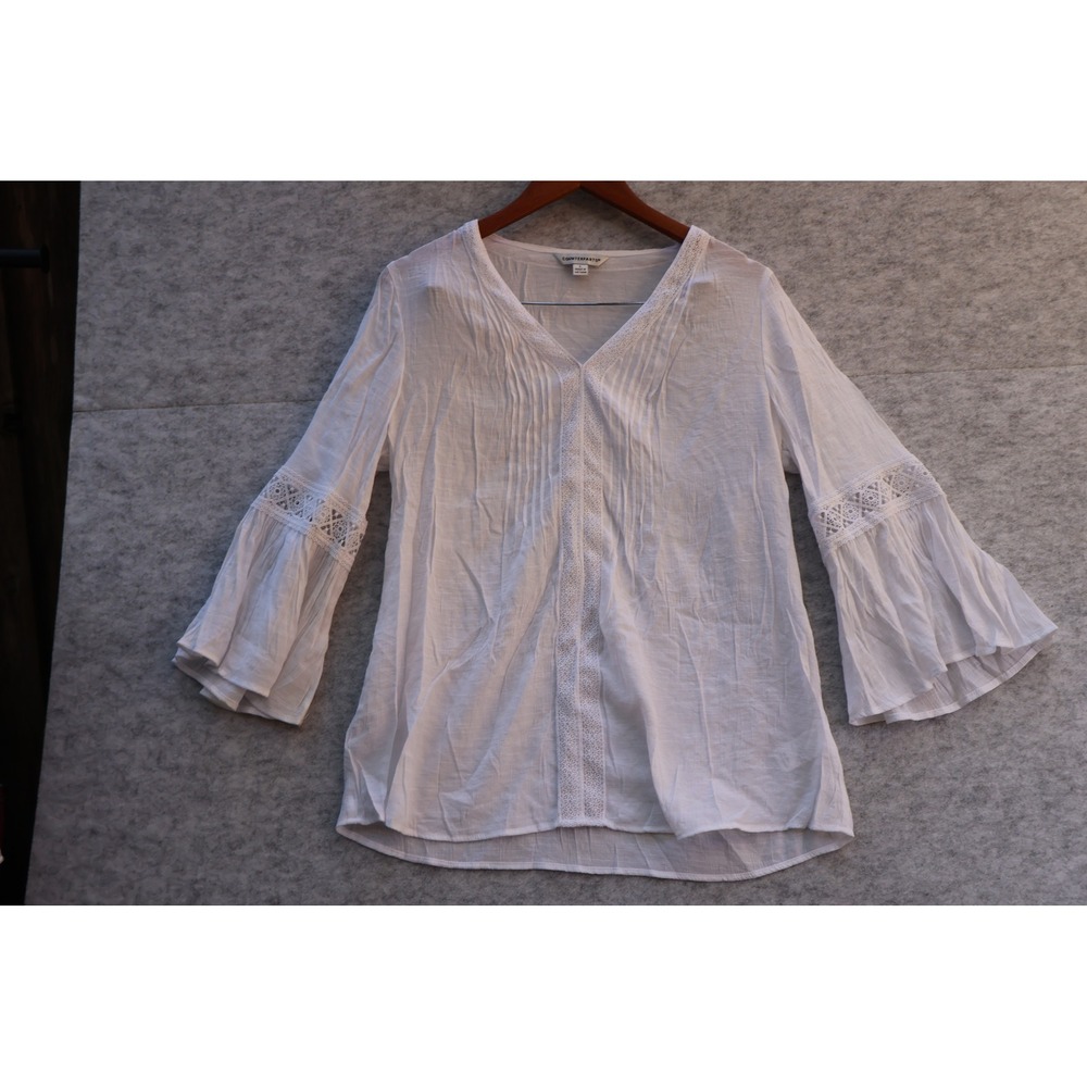Counterparts Womens White Boho Lace Trim Bell Sleeve Pintuck Blouse Large